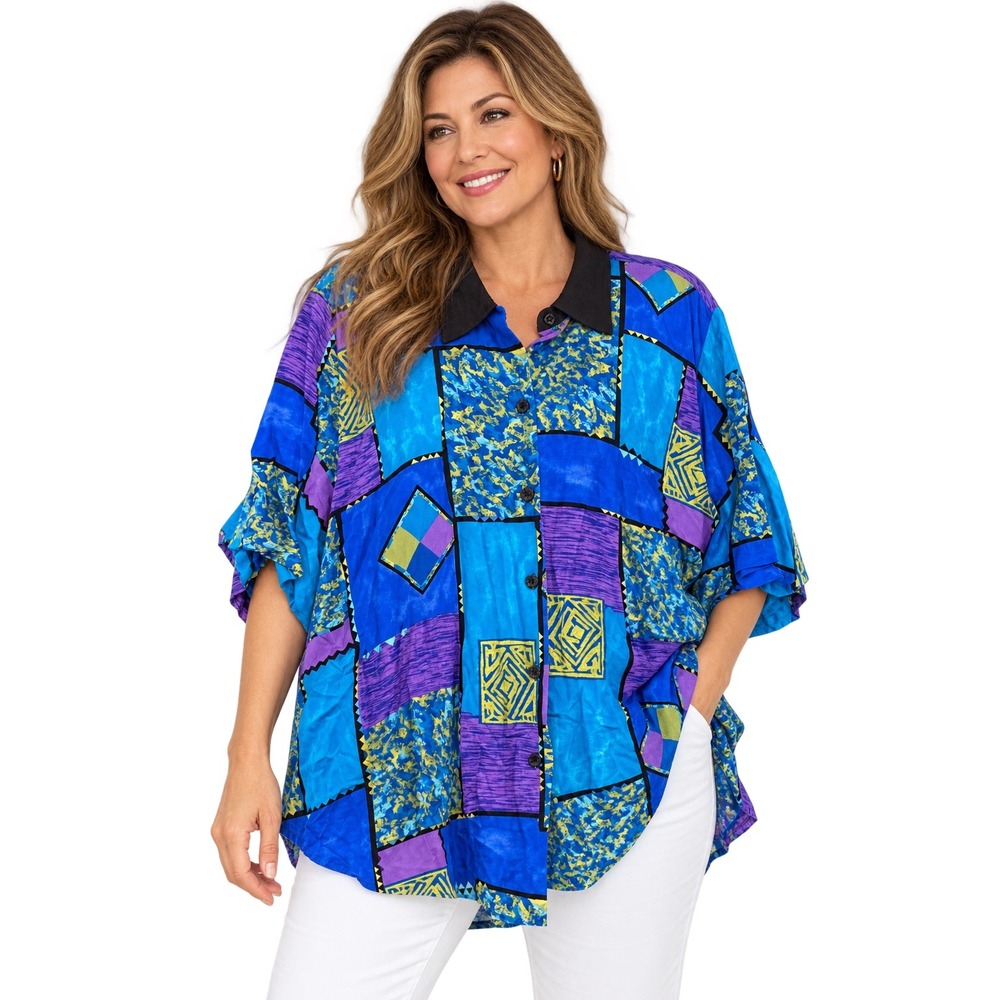 Caliche Collection Button Down Shirt Womens 20W Blue Geometric Patchwork Vintage